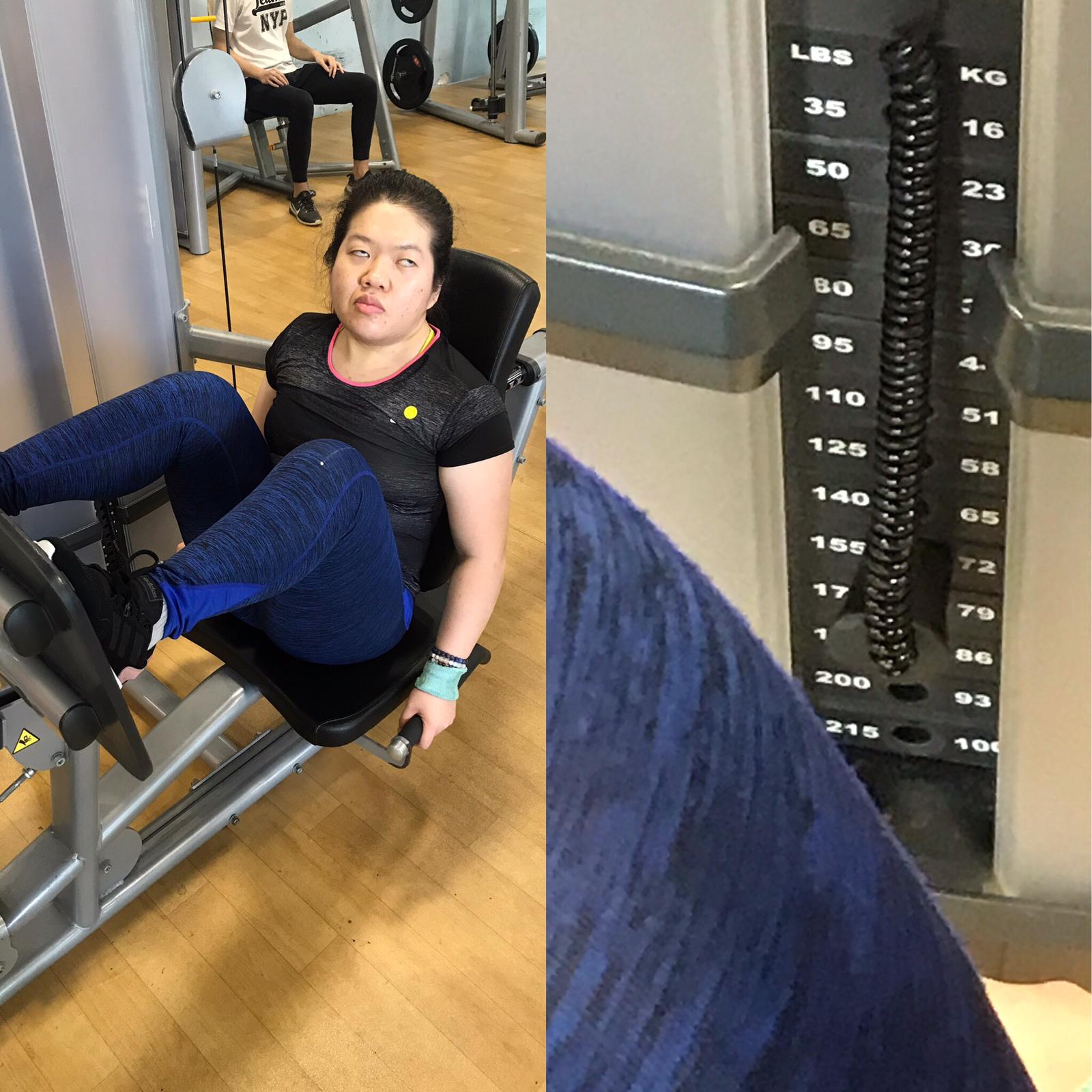 Siew Ling doing leg press weights at the Enabling Village ActiveSG Gym, before circuit breaker