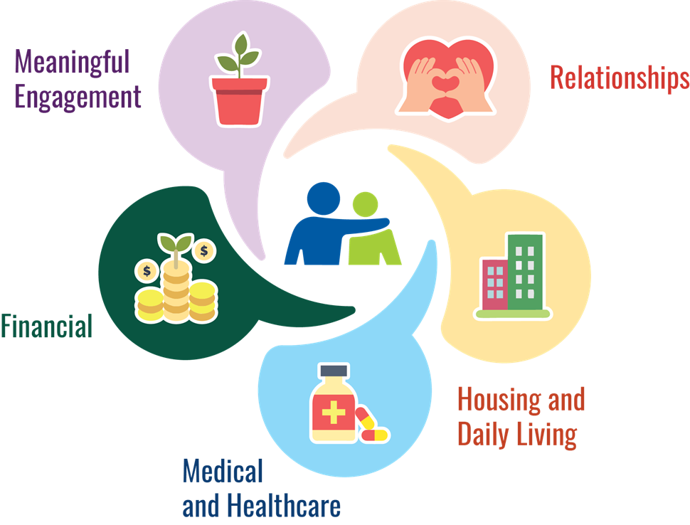 5 domains - Meaningful engagement, Relationships, Financial, Housing and Living, Medical and Healthcare