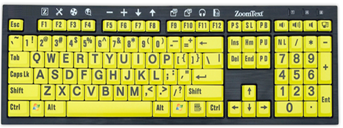 Adaptive Keyboard with high colour contrast keys and big fonts in black on a yellow background