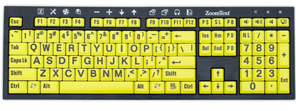 Adaptive Keyboard with high colour contrast keys and big fonts in black on a yellow background