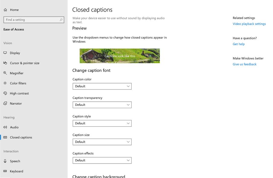 Screenshot of accessibility option to customise closed captions, with options available for customising the caption colour, transparency types, style, size, effects, etc.