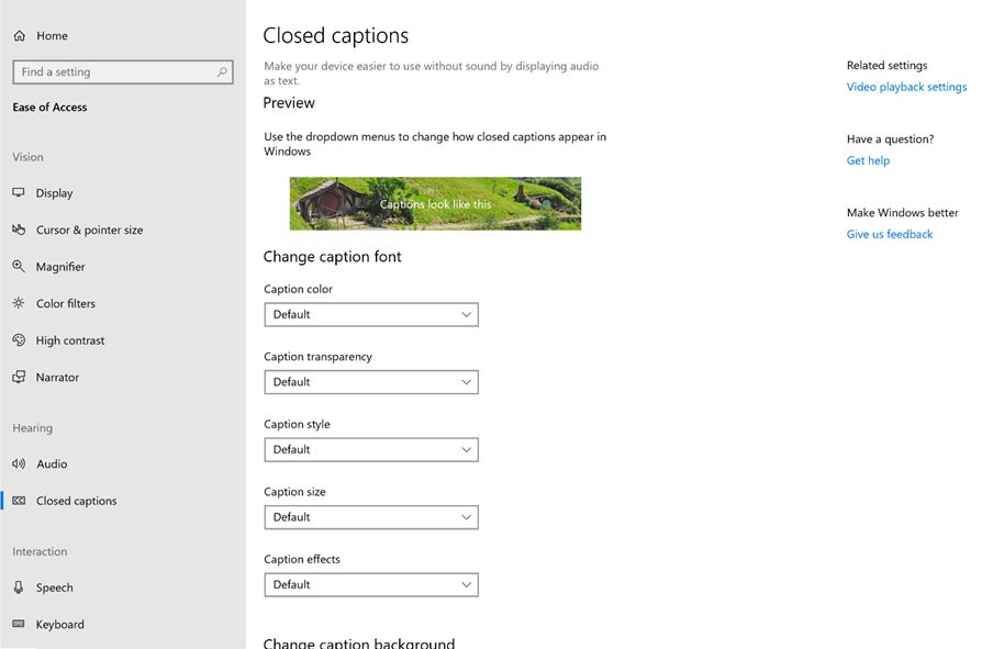 Screenshot of accessibility option to customise closed captions, with options available for customising the caption colour, transparency types, style, size, effects, etc.