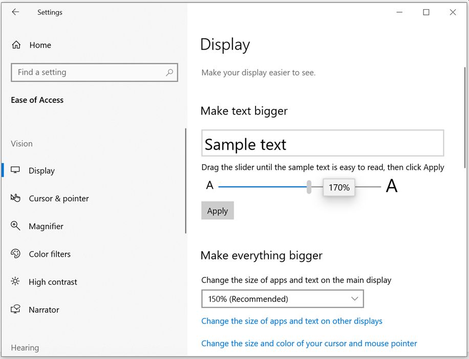 Accessibility Option for Display Screenshot of accessibility option to make text bigger on display.
