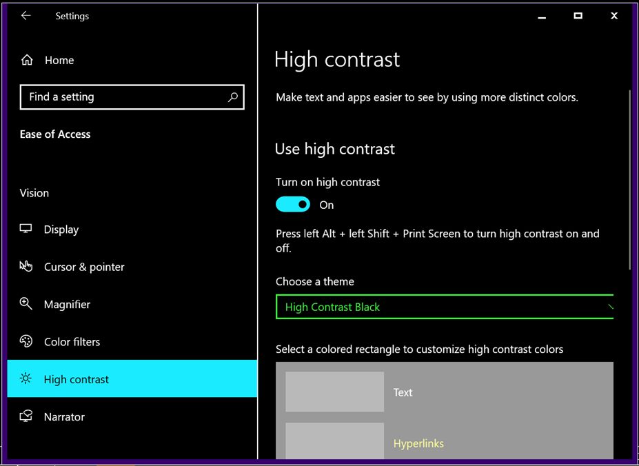 Accessibility Option for High Contrast Screenshot of accessibility option to set high contrast of display.