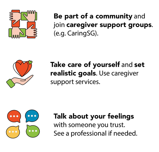 Infographic shows what you can do to overcome burnout. You can be part of a community and join caregiver support groups (e.g. CaringSG). Take care of yourself and set realistic goals. Use caregiver support services or talk about your feelings with someone you trust. See a professional if needed.