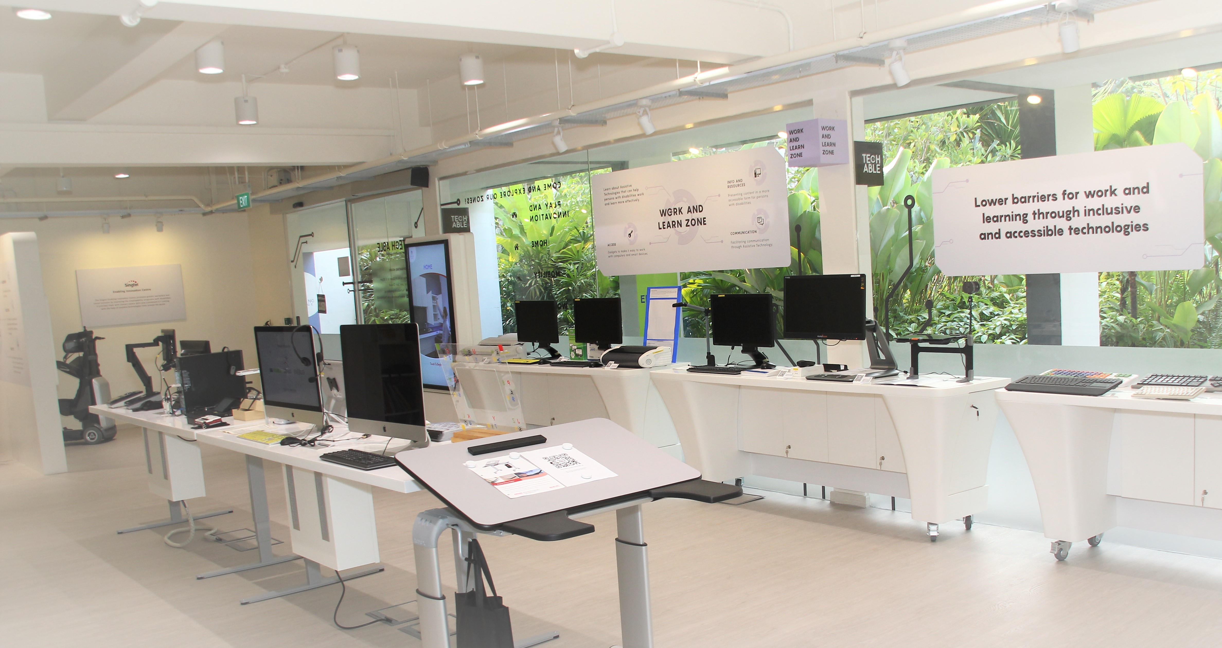 Work and Learn Zone of Tech Able features widened walkways and assistive technology devices on display for self-exploration.