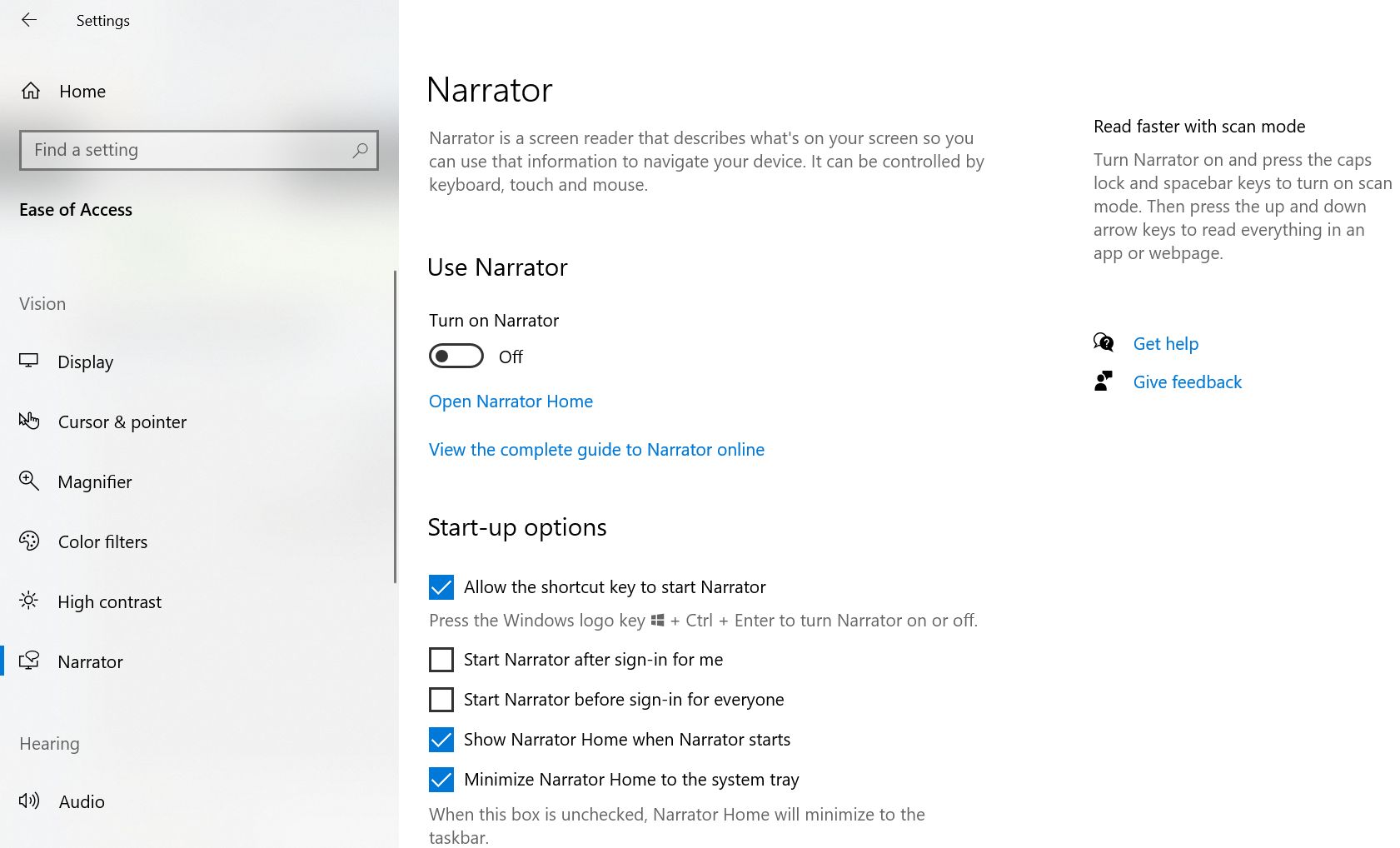 Screenshot of accessibility option to turn on the Narrator function.