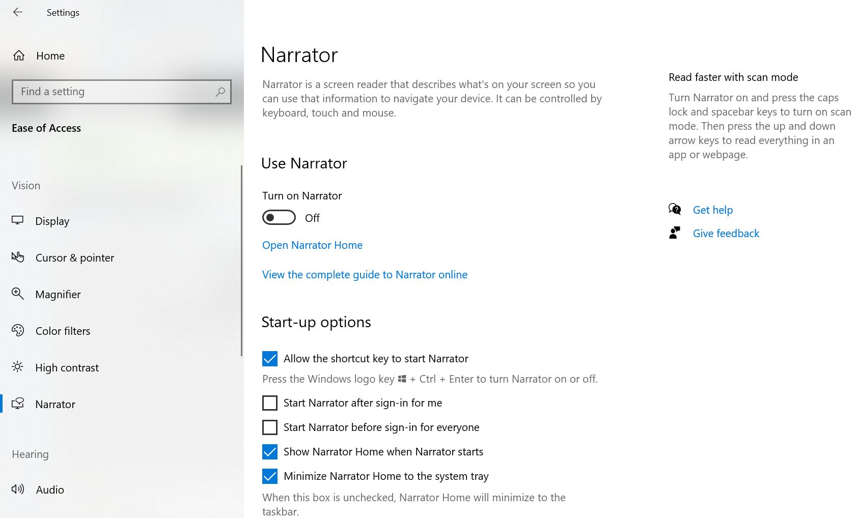 Accessibility Option for Narrator Screenshot of accessibility option to turn on the Narrator function.