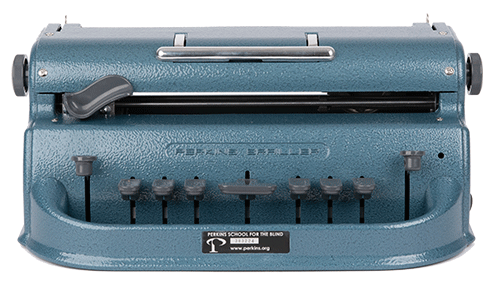 The manual Perkins typewriter, also known as the Perkins Brailler, is a braille typewriter commonly used by the visually impaired for reading, writing and math. They can also be used by braille transcribers (i.e. teachers) to write braille. Image courtesy of https://brailler.perkins.org/