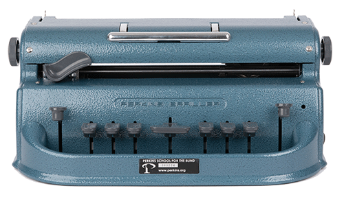 The manual Perkins typewriter, also known as the Perkins Brailler, is a braille typewriter commonly used by the visually impaired for reading, writing and math. They can also be used by braille transcribers (i.e. teachers) to write braille. Image courtesy of https://brailler.perkins.org/ The manual Perkins typewriter, also known as the Perkins Brailler, is a braille typewriter commonly used by the visually impaired for reading, writing and math. They can also be used by braille transcribers (i.e. teachers) to write braille. Image courtesy of https://brailler.perkins.org/