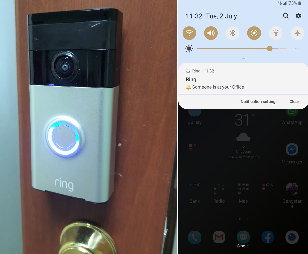 Doorbell linked to smartphone, screenshot of notification that doorbell is ringing and someone is at the office. Doorbell linked to smartphone, screenshot of notification that doorbell is ringing and someone is at the office.