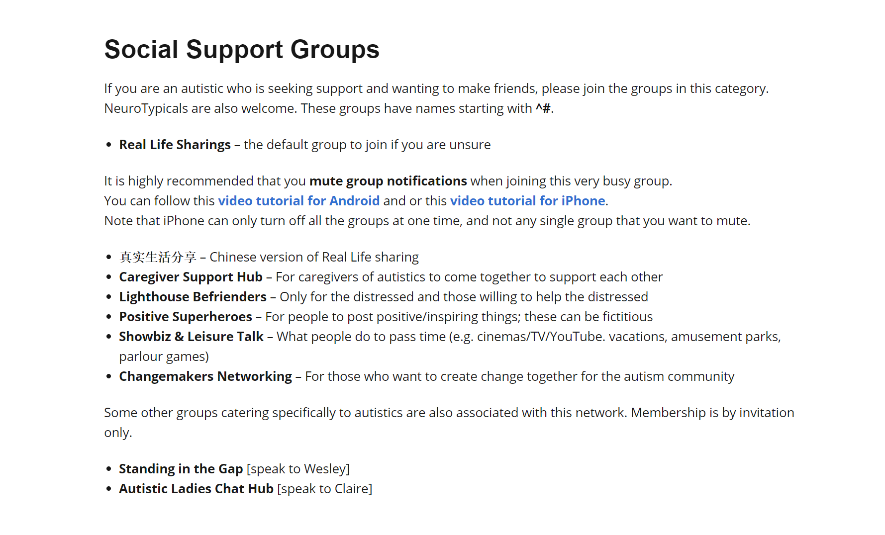 A screenshot of various social support groups available in the WhatsApp Autism Community Singapore chat group A screenshot of various social support groups in the WhatsApp Autism Community Singapore chat group, which includes Caregiver Support Hub, Changemakers Networking, and Lighthouse Befrienders