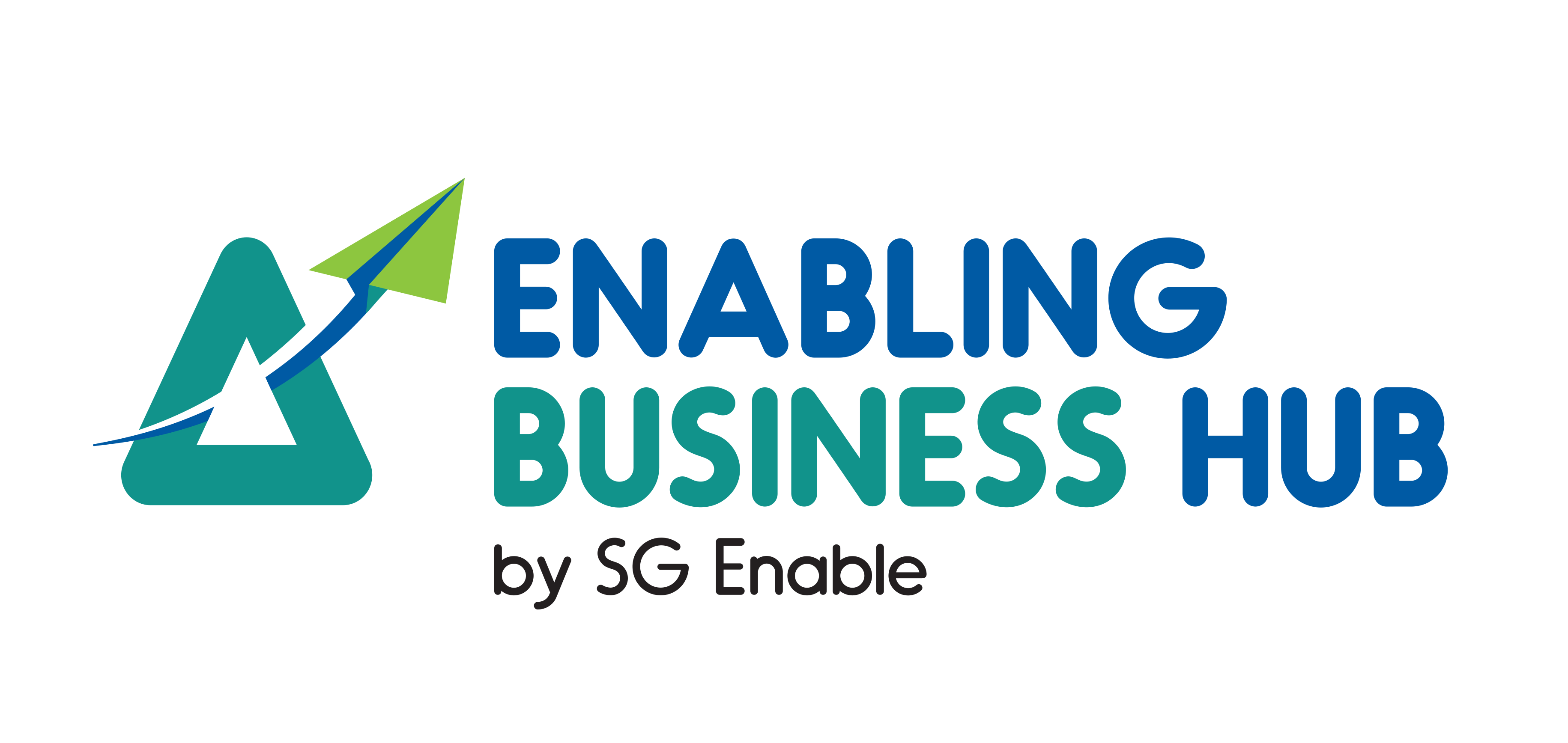 A paper aeroplane soars towards the sky as it passes through a triangle. Beside it reads “Enabling Business Hub” with the by-line “by SG Enable”.